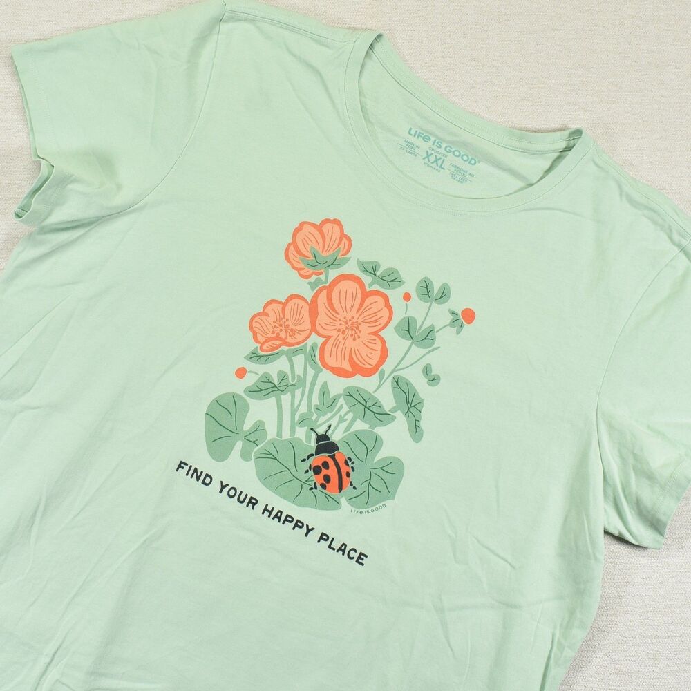 Life is Good Womens XXL Mint Green Floral Ladybug Graphic Find Your Happy Place